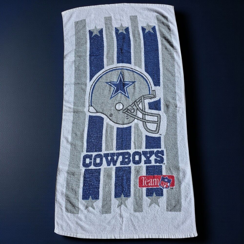 Vintage Dallas Cowboys NFL Beach Towel Team Helmet Logo Blue Gray Stripes 48x26